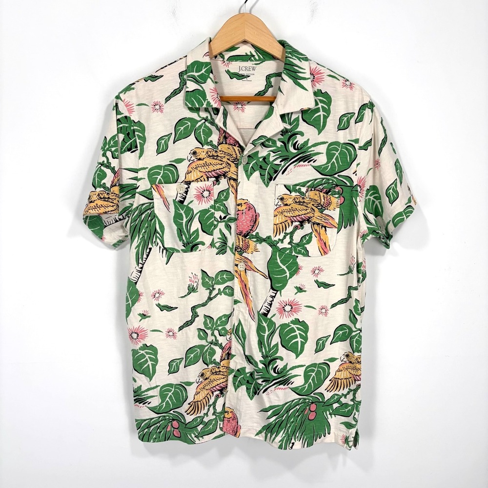 J.Crew Button Down Hawaiian Shirt Mens Large White Parrot Tropical Camp Cotton